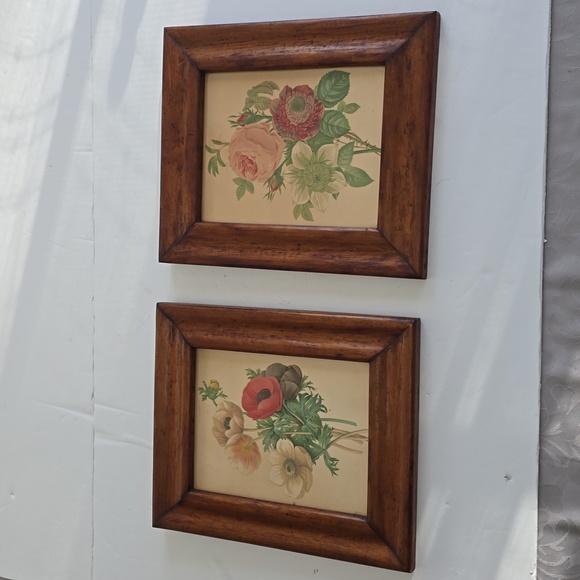 Vintage Set Of 2 MCM Floral Print Wood Glass Frame